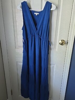 Sleeveless Cobalt Blue Tiered Wrap Maxi Dress with Side Ties